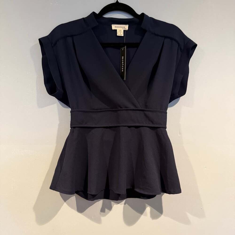Monteau Navy Peplum Top Size S BNWT
